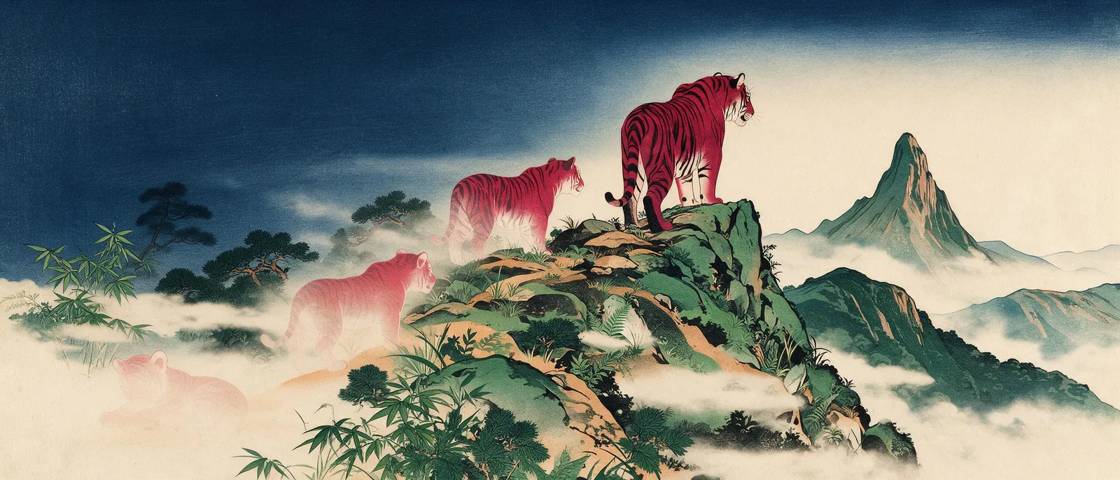 Estampe : le même tigre à quatre âges gravit une crête de la gauche vers la droite. Les trois plus jeunes sont dissous dans la brume ; l’adulte, en rouge vif, atteint le sommet et regarde un pic plus haut, au loin.
